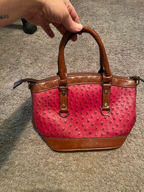 Faux-Ostrich Pink Satchel with Brown Trim